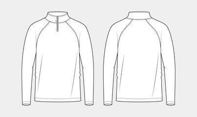 raglan long sleeve zipper up collar t-shirt flat sketch, front and back view technical fashion drawing, raglan tee vector illustration