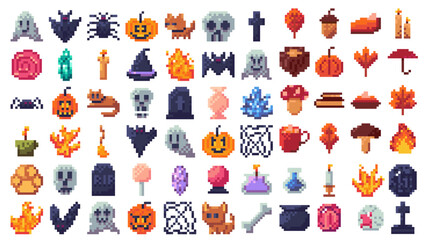 Pixel art halloween icon set for game. Cute ghost, pumpkin, skull, bat and cat in retro 8bit style. Scary cartoon witch with spooky background. Evil tombstone and candle decoration for autumn fun