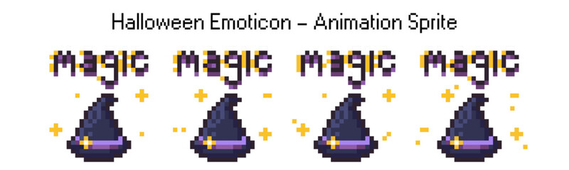 Pixel art witch hat icon for halloween game. Retro 8bit magician and sorcerer style 2d animation. Fantasy fairy charmer wizard magic set. Pixelart sparkle in sprite sheet for arcade video