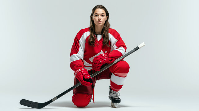Studio composition showing a woman in a hockey uniform kneeling with stick, centered in wide frame, minimal background for branding use.