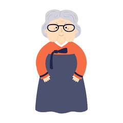 Senior woman in traditional Korean clothes hanbok, grandmother, isolated on transparent. Hand drawn flat vector illustration. Cartoon character. Chuseok, Seollal design element, clip art