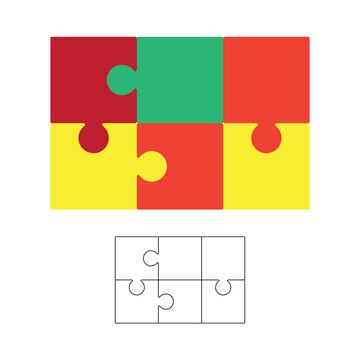 Jigsaw puzzle background, blank 2x3 puzzle template, colorful isolated on white, vector illustration.