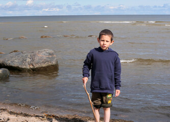 Child exploring a rocky beach - A young boy holding a stick stands in the shallow water of a rocky beach, looking at the camera