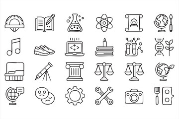 School Subjects Outline Icons with Books Globe Chemistry and Teaching Vectors