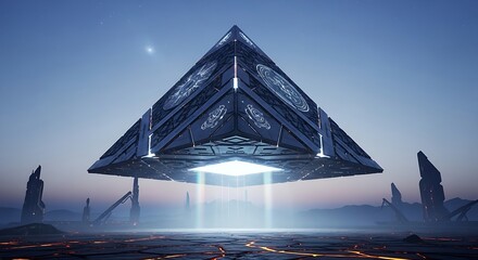 A futuristic alien spaceship hovers above a desolate planet at night