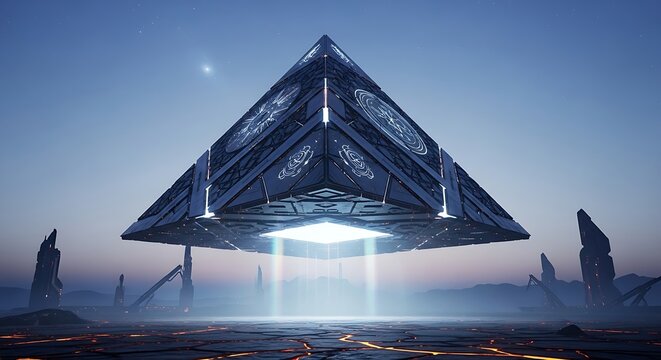 A futuristic alien spaceship hovers above a desolate planet at night