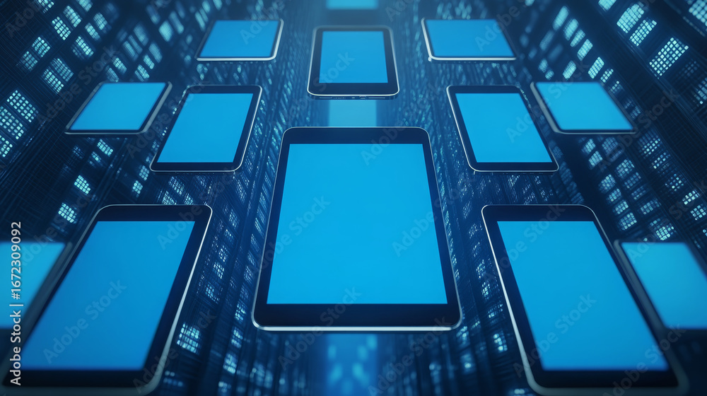Poster digital tablet technology blue screen futuristic floating network data center