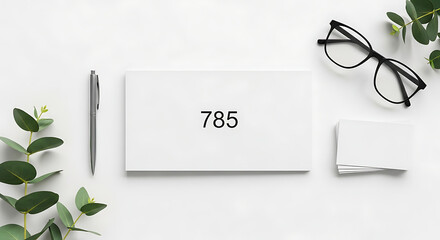 Overhead View of a Minimalist White Desk Setup with an Envelope Displaying '785', Eyeglasses, a Pen, and Green Eucalyptus, Creating a Clean and Organized Professional Workspace