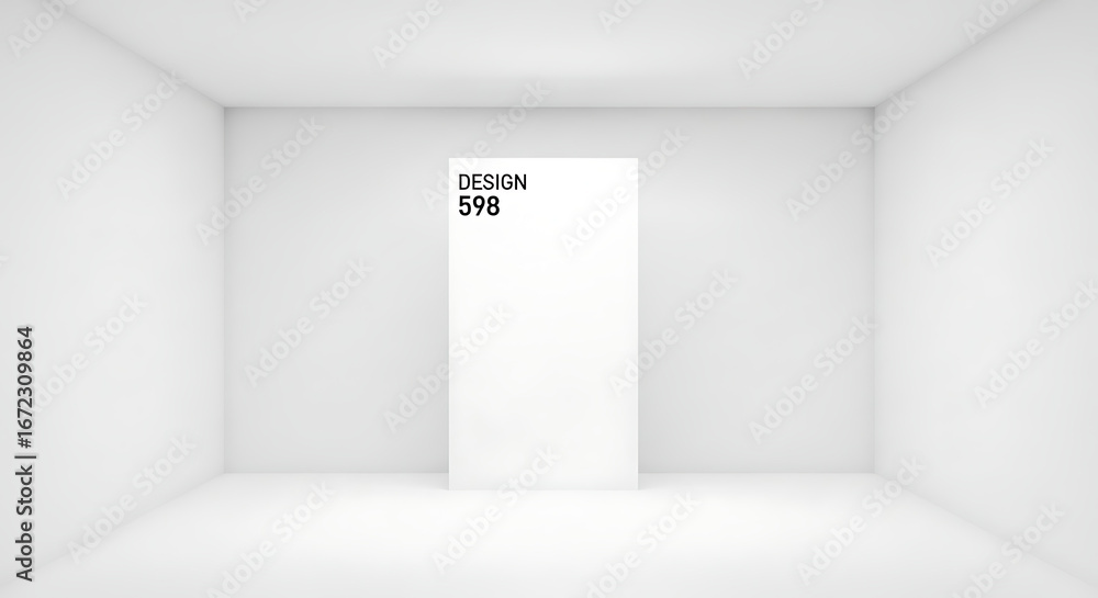 Poster modern architectural interior with a crisp white aesthetic, showcasing a vertical panel displaying d