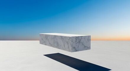 Marble block against blue sky and white surface casting shadow in a minimalist scene