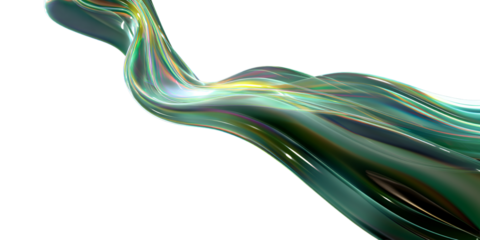 Liquid glass flows on a transparent background in the form of a transparent, iridescent, shiny, wide green wave. For designers, marketers. Popular image, illustration, object.
