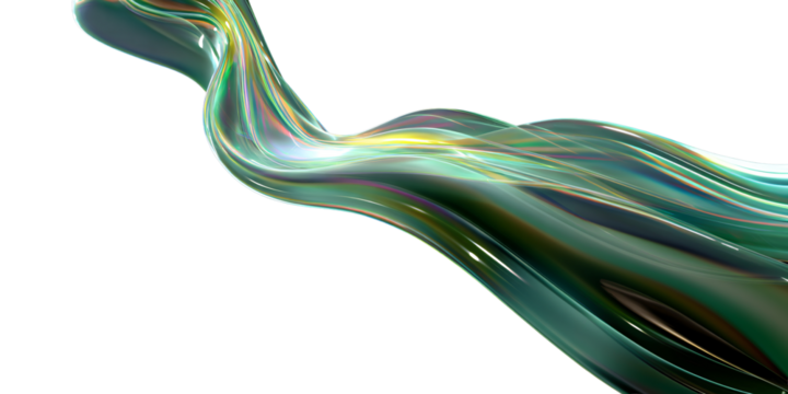 Liquid glass flows on a transparent background in the form of a transparent, iridescent, shiny, wide green wave. For designers, marketers. Popular image, illustration, object.