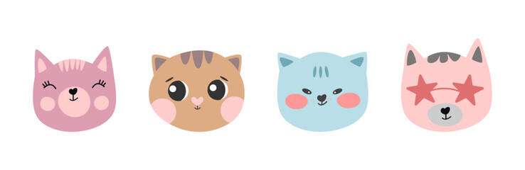 Set of four cute pastel cartoon cat faces – playful feline illustrations with different expressions and accessories, perfect for children’s products and nursery decor.