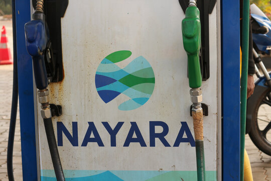 Nayara Energy brand logo on fuel dispenser with diesel and petrol nozzles at gas station in Talaguppa, Karnataka, India, December 10, 2025