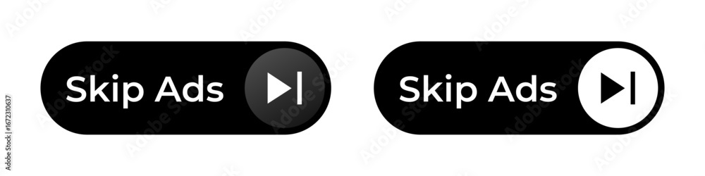 Poster two black oval buttons feature white play icons. the text skip ads is in bold on each button.