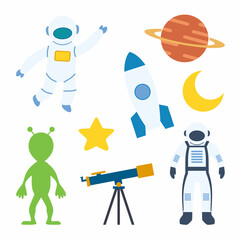 Space and Astronomy for Kids Icon Set with Rocket and Planet