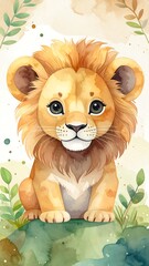 A charming depiction of a cute lion cub, seated atop a grassy knoll, showcasing delicate watercolor artistry.