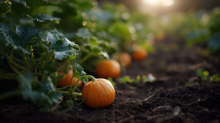 Pumpkin vines growing in a garden bed under the warm sunlight