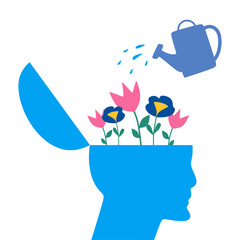 Person Watering Flower in their Head for Mental Health
