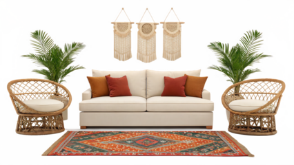Bohemian living room furniture arrangement isolated on transparent background