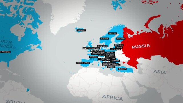  NATO and Russia Political Map with Border Lines.