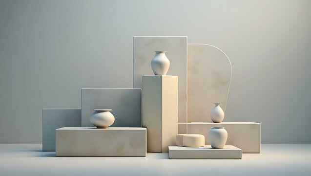 A minimalist composition of geometric shapes and vases, creating a serene and elegant display with soft lighting