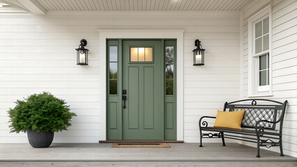 Fototapeta premium The flooring is made of polished wood, adding warmth to the entrance. The central focus is a wooden front door with a natural.