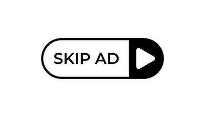 Black and white skip ad button featuring a play symbol used in digital and online media contexts.