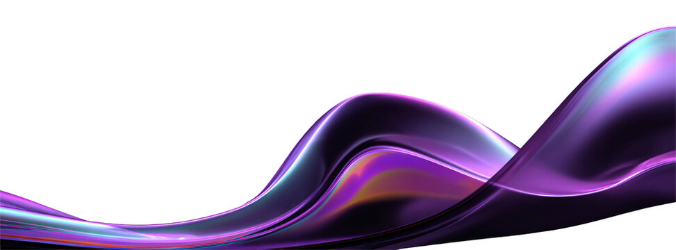 Liquid glass flows on a transparent background in the form of a transparent, iridescent, shiny, wide purple, lilac wave. For designers, marketers. Popular image, illustration, object.