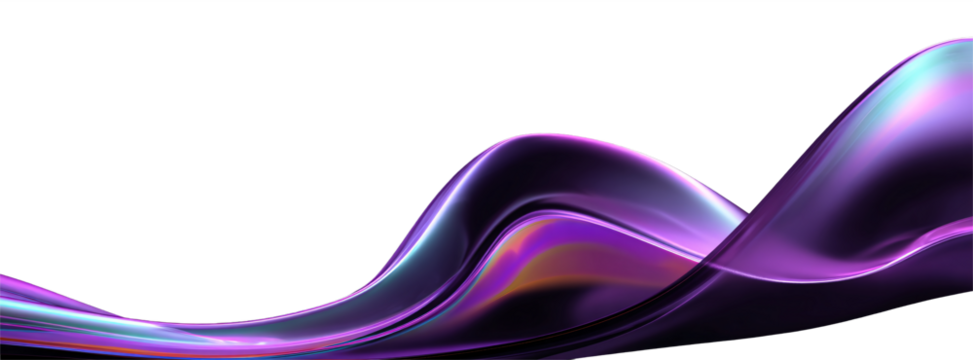 Liquid glass flows on a transparent background in the form of a transparent, iridescent, shiny, wide purple, lilac wave. For designers, marketers. Popular image, illustration, object.