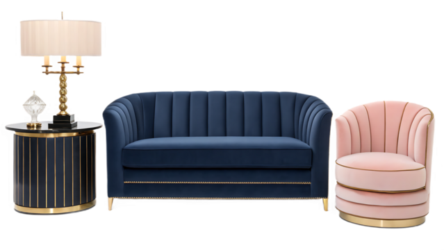 Luxury blue sofa and pink armchair with side table and lamp isolated on transparent background - Powered by Adobe