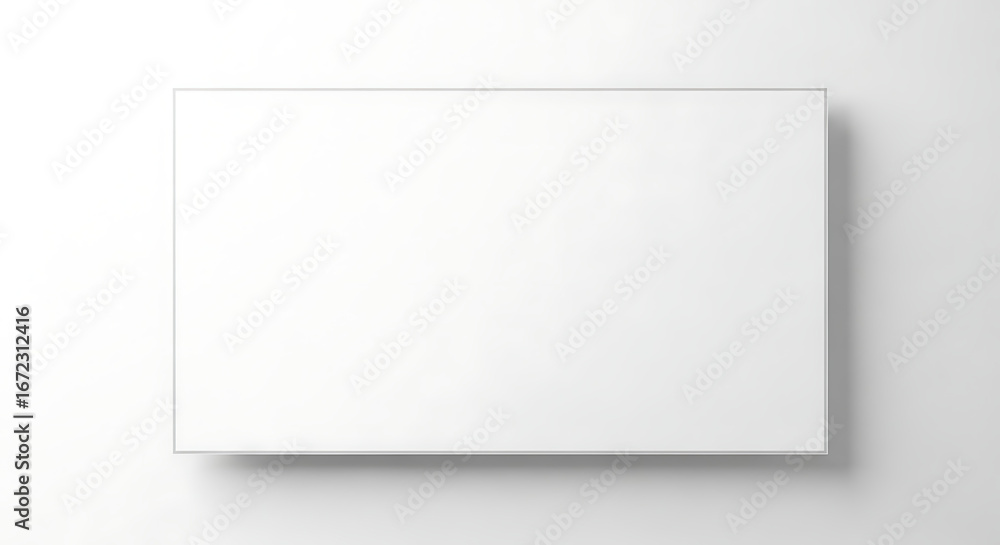 Poster blank white rectangular display board with thin grey frame on a minimalist white wall casting soft s