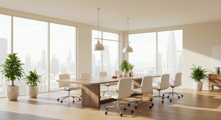 Fototapeta premium Modern Conference Room with City View and Natural Light Ideal for Business Meetings and Collaboration