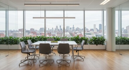 Fototapeta premium Modern Office Meeting Room with Panoramic Cityscape Views and Lush Greenery