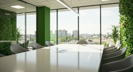 Fototapeta premium Modern Conference Room With Natural Light and Lush Greenery Inspiring Productive Meetings