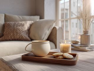 아늑한 거실의 커피 머그와 테이블