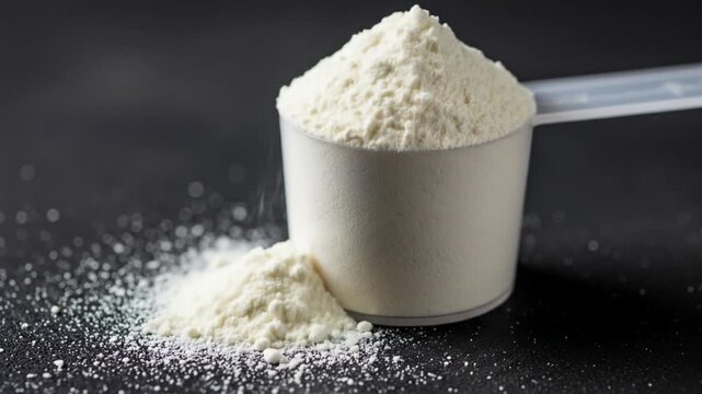 Scoop of white powder on black background, some spilled beside it