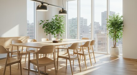 Fototapeta premium Bright Modern Office Meeting Room With Large Windows And Lush Green Plants Creating A Welcoming And Productive Atmosphere