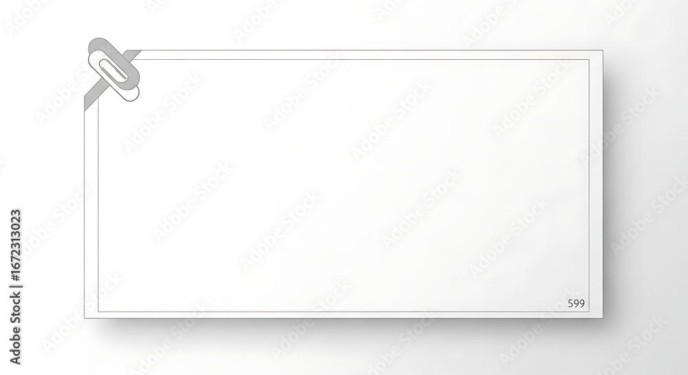 Poster minimalist blank white paper note with a silver paperclip securely fastened to the top-left corner, 