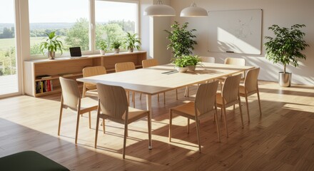 Modern Office Meeting Room Filled With Natural Light and Green Plants Creating a Productive and Welcoming Environment