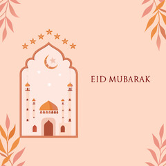 Beautiful eid mubarak greeting card with mosque and floral elements
