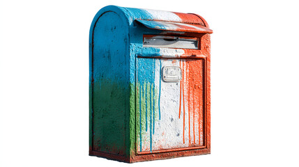 A mailbox painted with blue, green, white and orange paint streaks. The aged metal shows signs of wear and adds character to the object.