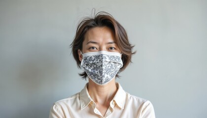 Asian woman smiling while wearing a patterned face mask indoors  