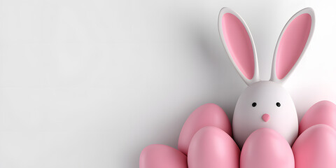 Obraz premium 3D Easter egg with pink bunny ears surrounded by pastel pink eggs on white background, festive minimal Easter design.