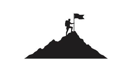 Man standing on mountain peak with flag in hand feeling triumphant and victorious