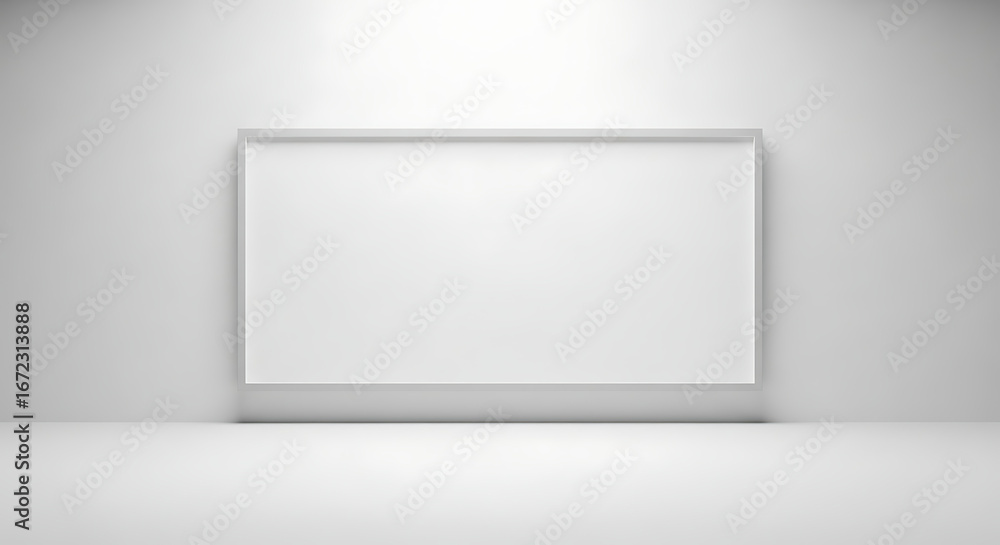 Poster bright white empty room with illuminated blank horizontal display frame for content showcase