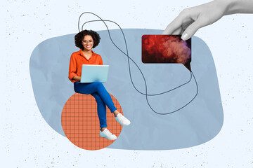 Trendy art creative full zine photo collage of happy girl guy stand bubble communication chat...