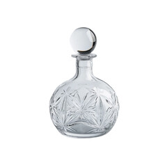 a clear glass round decanter with cut patterns on the body and top, set against an all-white background.  