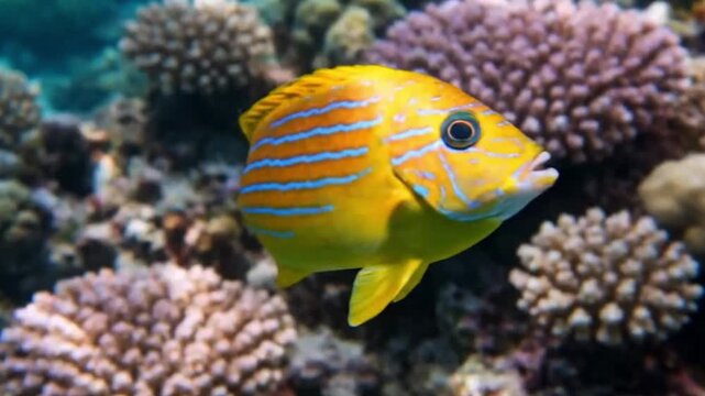 A yellow tropical fish with blue stripes swims amidst coral reefs