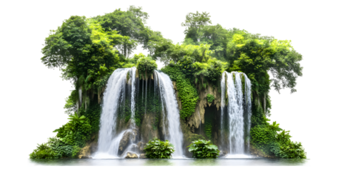 Lush waterfall with green foliage isolated on transparent background